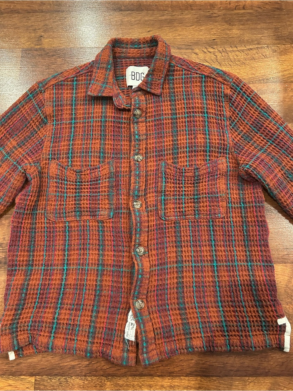 BDG Urban Outfitters Waffle Knit Button-Up Plaid Shirt Oversized Medium Rust